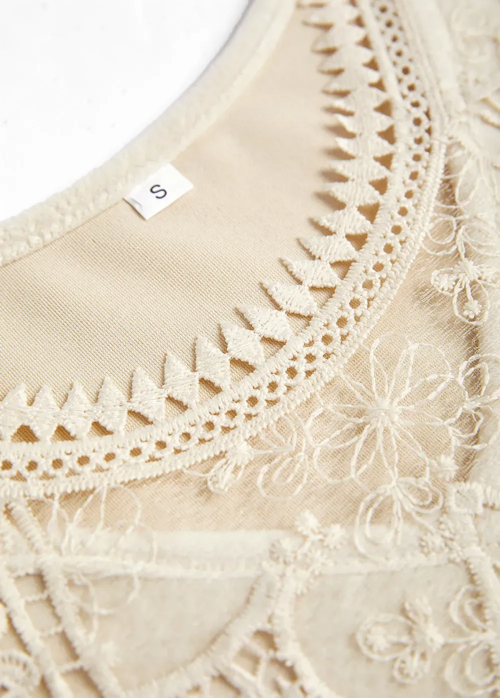 Beige Embroidery Long Sleeve Round Neck T Shirt