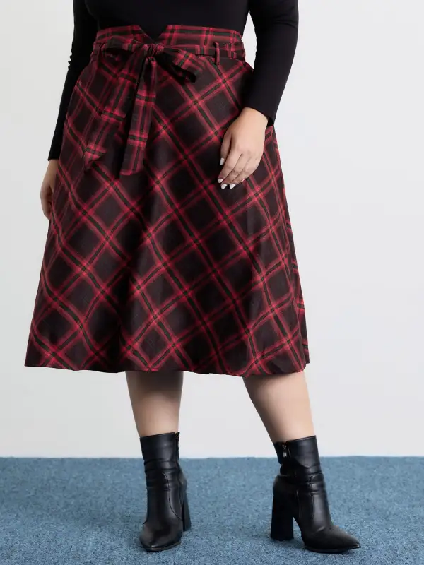 Plaid Waist-Tie Flowy Midi Skirt