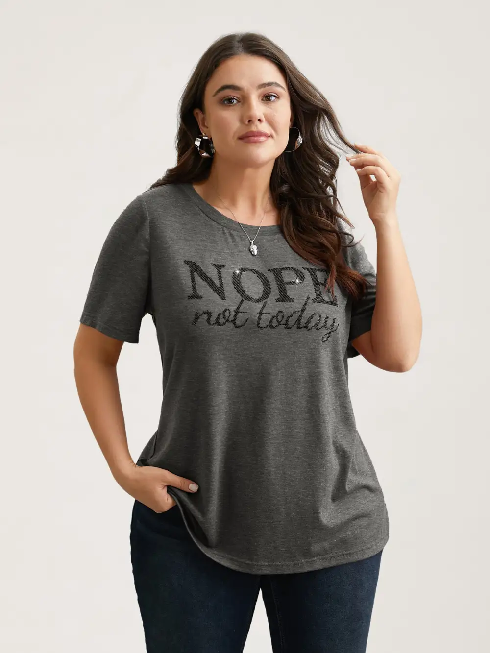 Nope Not Today Print Rhinestone Round Neck T-Shirt