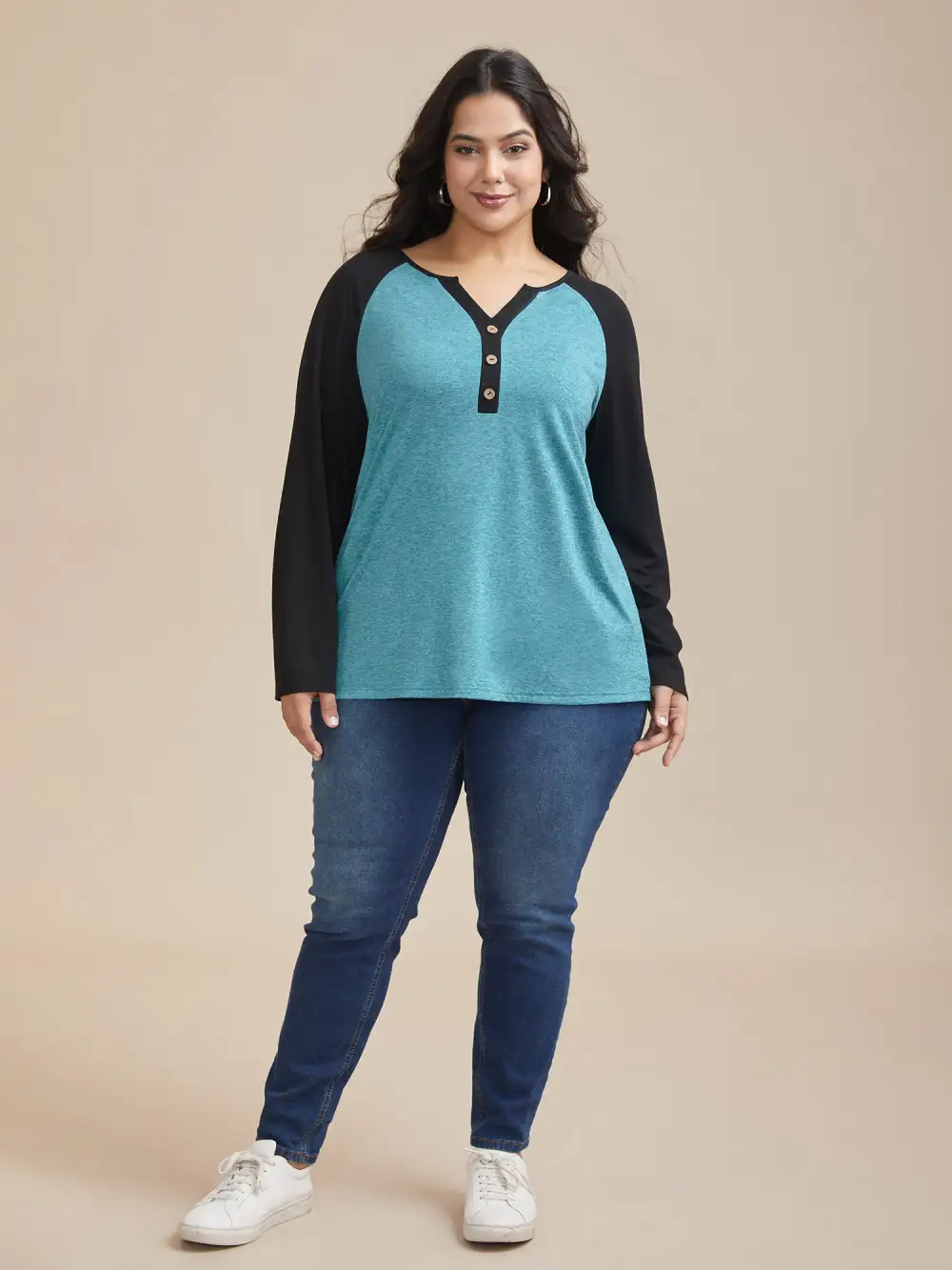 Heather Patchwork Button Detail Stretchy T-Shirt