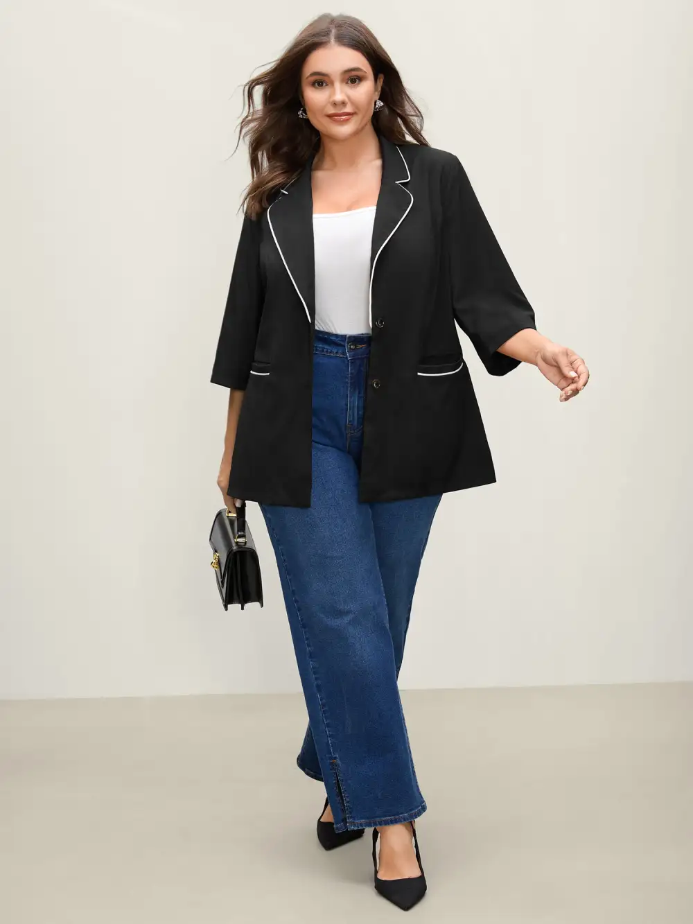 Contrast Pockets Three-Quarter Sleeve Blazer