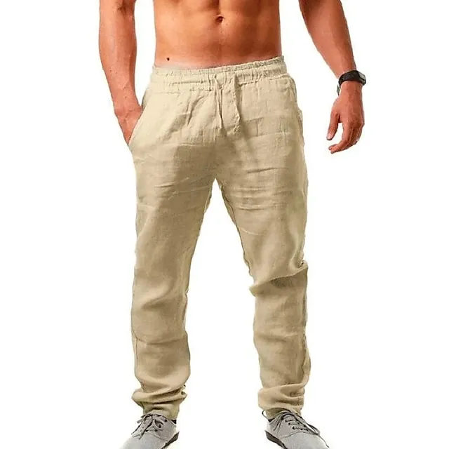 Men's Linen Pants Trousers Beach Pants Pocket Drawstring Elastic Waistband Plain Comfort Breathable Daily Stylish Hip Hop Dark Khaki Light Khaki Micro-elastic