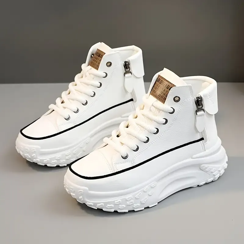 Womens Fashionable Platform Sneakers - Dual Lace Up & Zipper Closure - Refined High Top Skate Style - Padded Comfort for All-Day Wear - Instant Height Boost - Ideal for Sports & Casual Chic