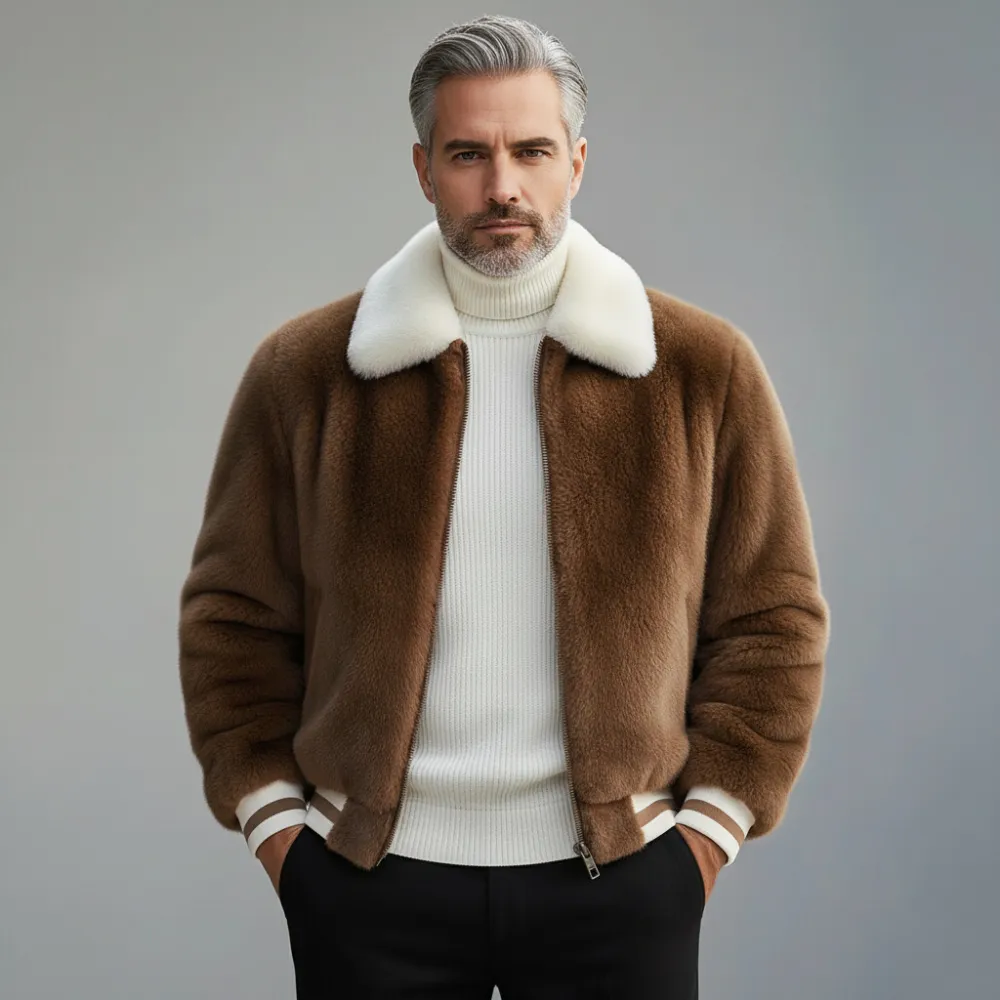 Men's Brown Contrast Striped Turndown Collar Long Sleeve Zipper Plush Jacket