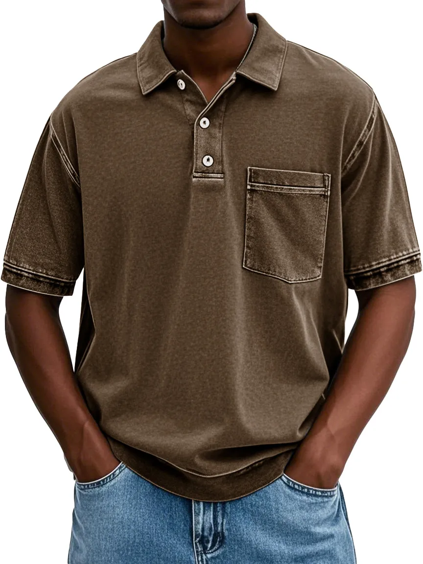 Men's Retro Distressed Lapel Short-sleeved Pocket Polo Shirt
