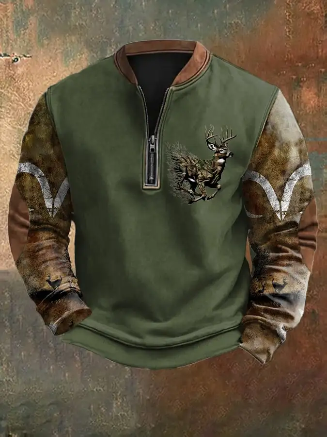 Men's Camouflage Elk Print Zip-Up Sweatshirt