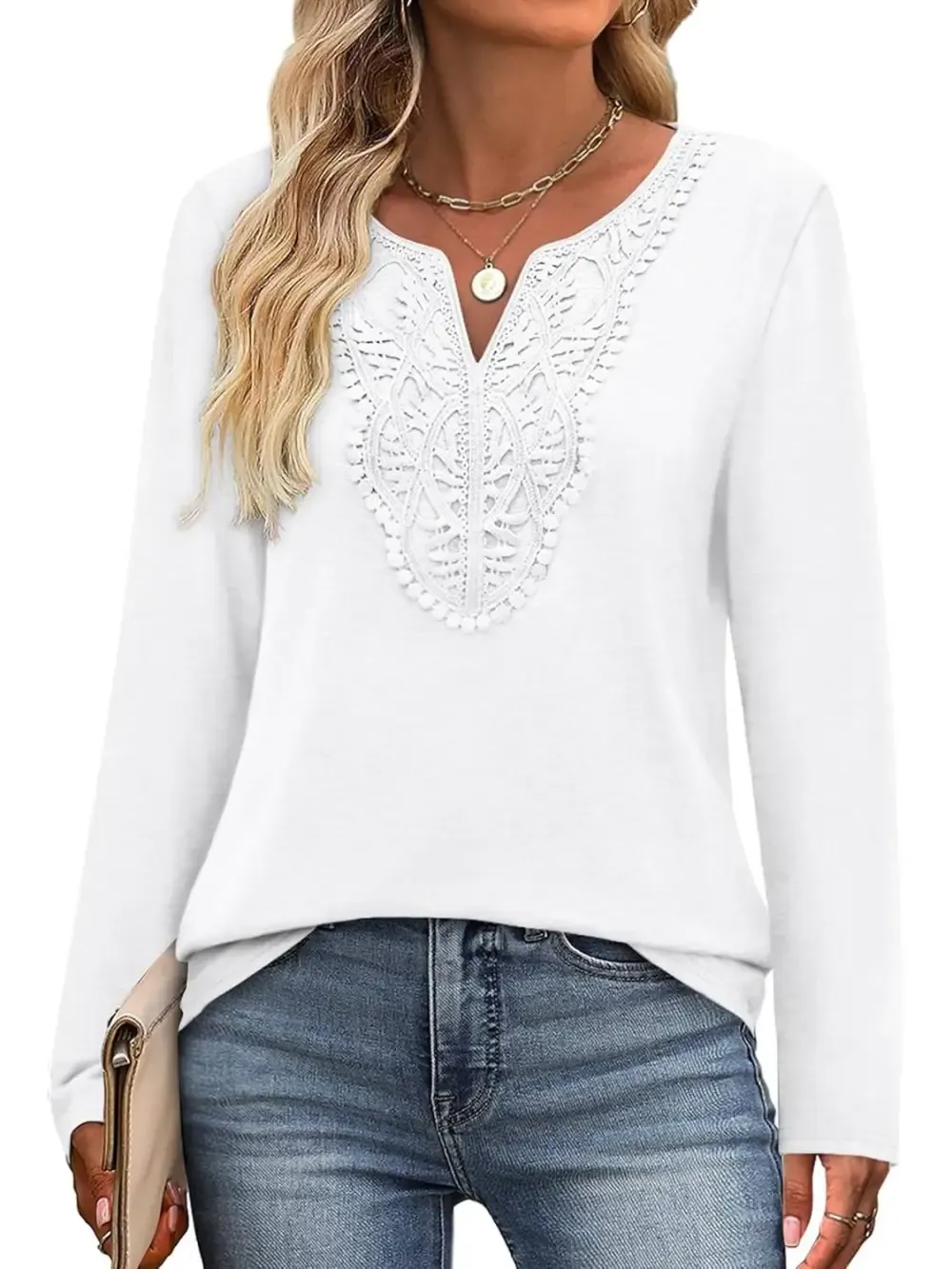 ✨Women Dressy Casual Lace V Neck Long Sleeve Shirts Blouses