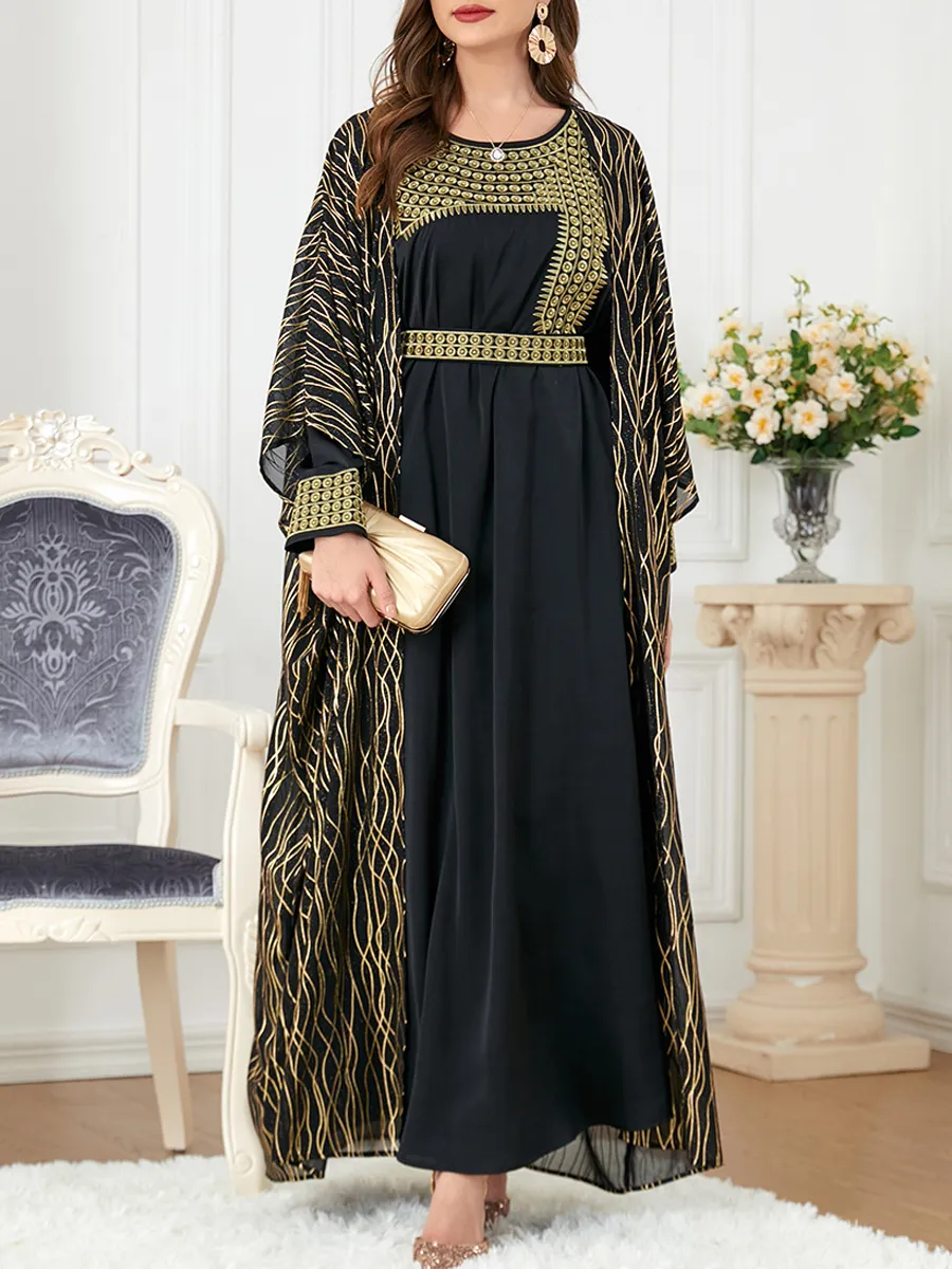 Round neck embroidery and gold stamping long sleeved dress cardigan two-piece set