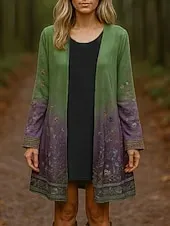 Women's Winter Coat Trench Coat Lightweight Comfortable Print Open Front Vintage Fashion Casual Floral Vacation Casual Long Collarless Regular Fit Long Sleeve Outerwear Green Spring Fall