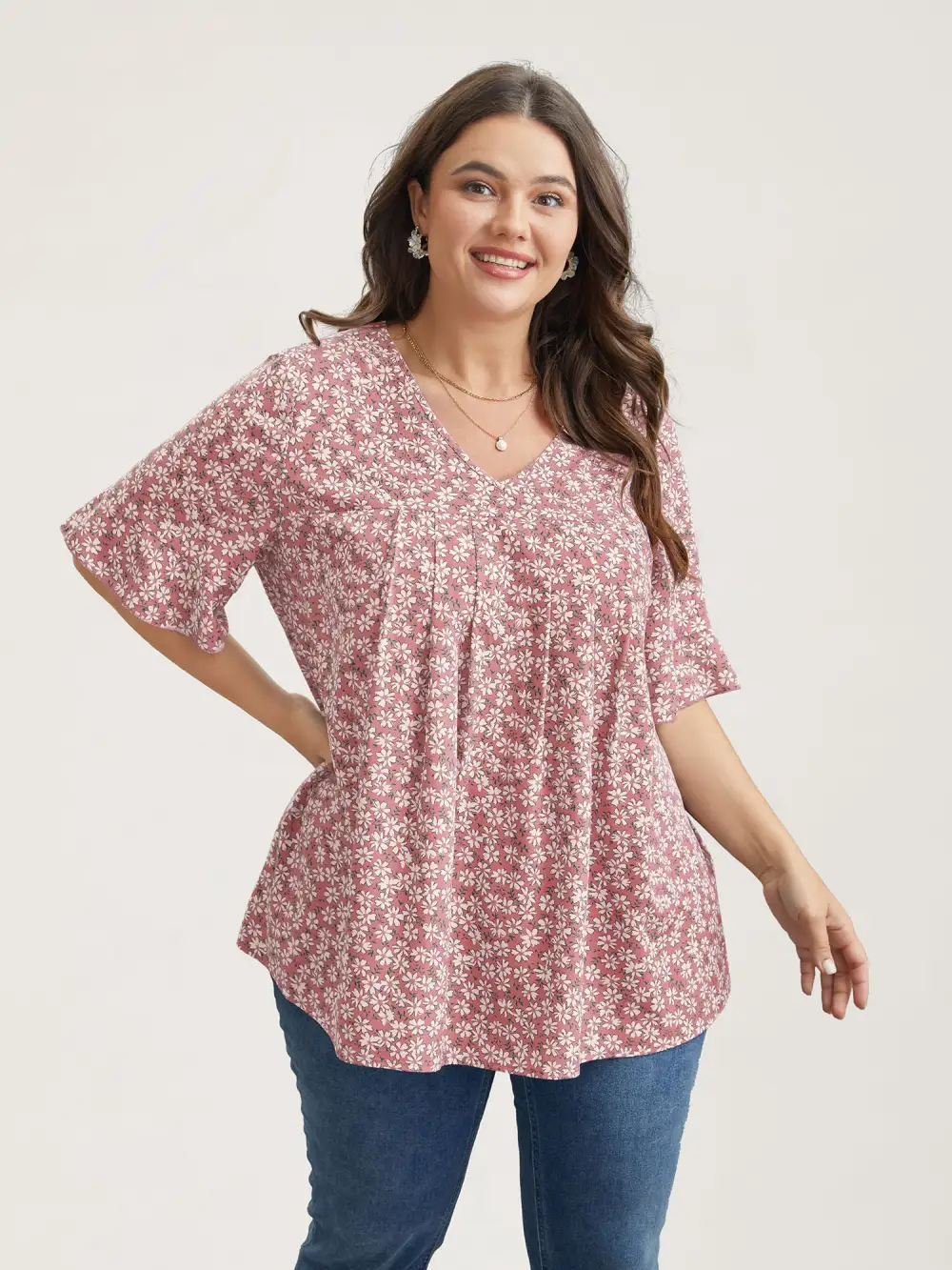 Ditsy Floral Pleated Flared Sleeve Shirt