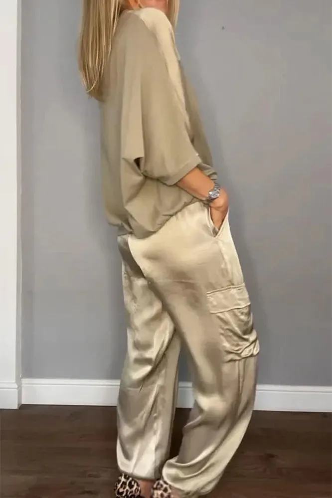 Women's Smooth Satin Half-sleeved Top and Pant Suit Two-piece