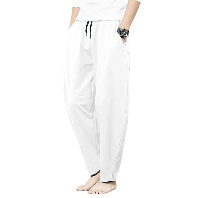 Men's Linen Pants Trousers Summer Pants Bloomers Beach Pants Pocket Drawstring Elastic Waist Plain Lightweight Ankle-Length Daily Yoga Fashion Casual Loose Fit Black White