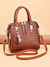 Women's Faux Leather Crocodile Pattern Handbag with Tassel Charm – Elegant Top Handle and Crossbody Purse for Work, Shopping and Daily Outings