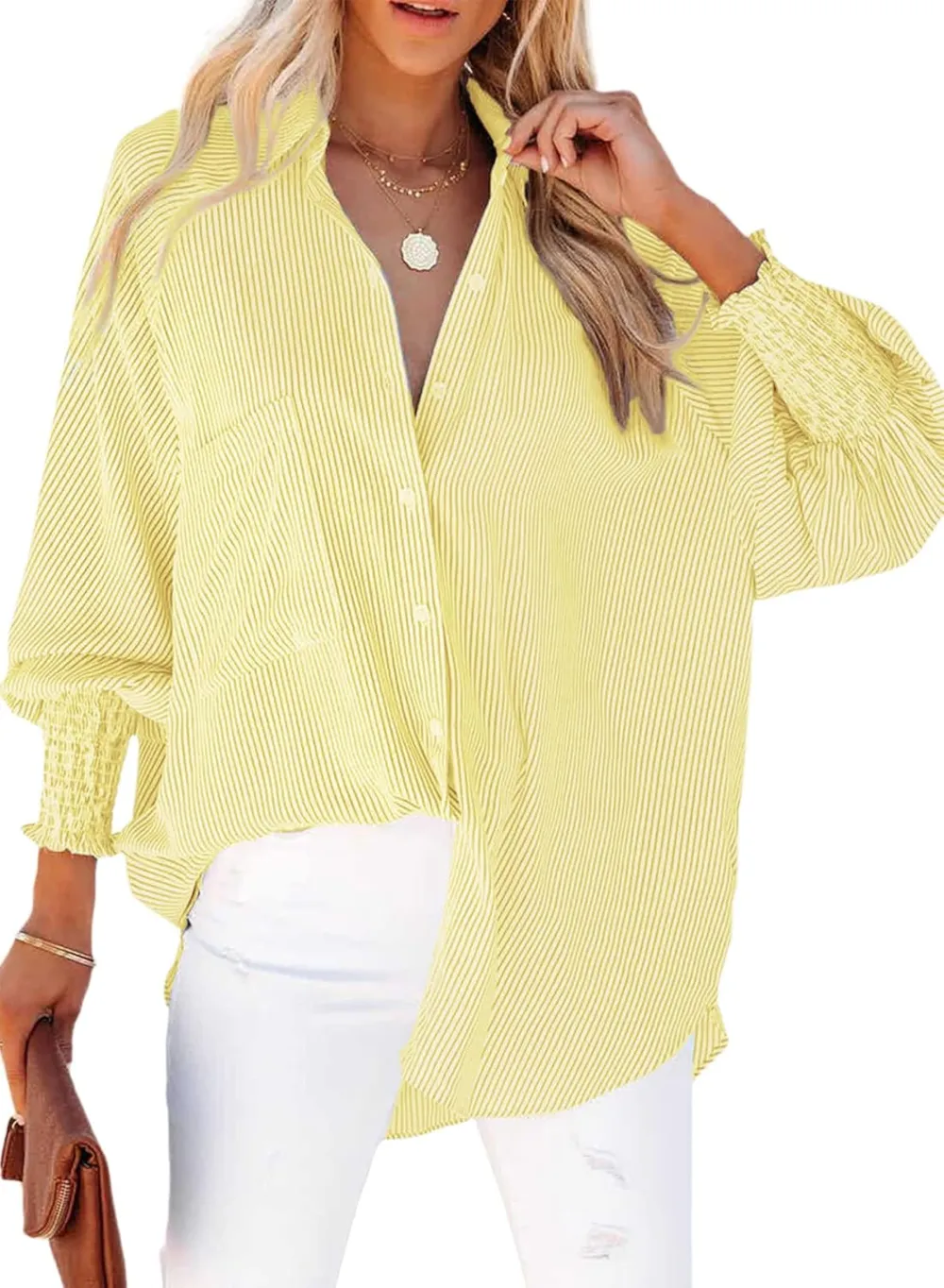 Womens Smocked Cuffed Striped Boyfriend Shirt Casual Collar Long Sleeve Oversized Button Down Blouse Tops with Pocket Shirred
