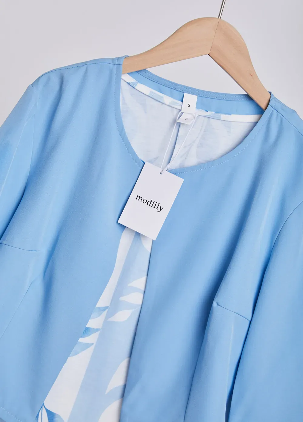 Light Blue Two Piece Leaf Print Dress and Cardigan