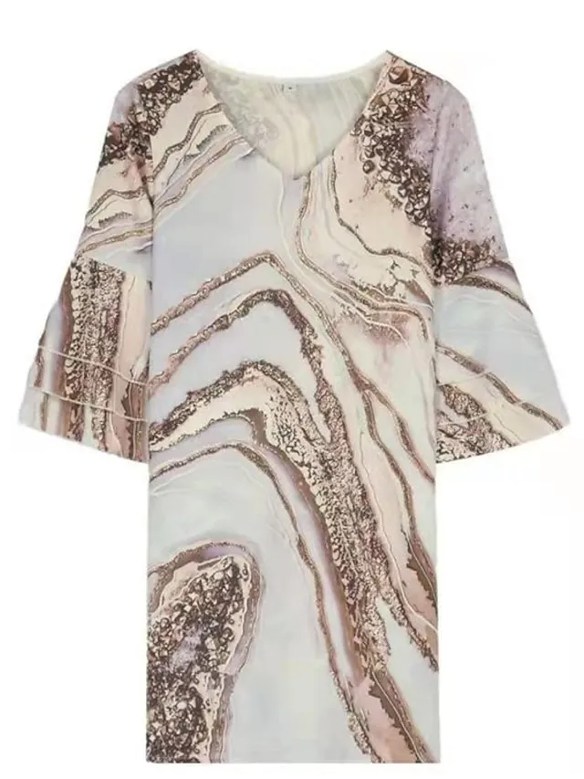Women‘s Shift Dress Short Mini Dress Blue Gold 3/4 Length Sleeve Abstract Layered Print Summer Spring V Neck Casual Vacation Loose 2023 S M L XL XXL XXXL