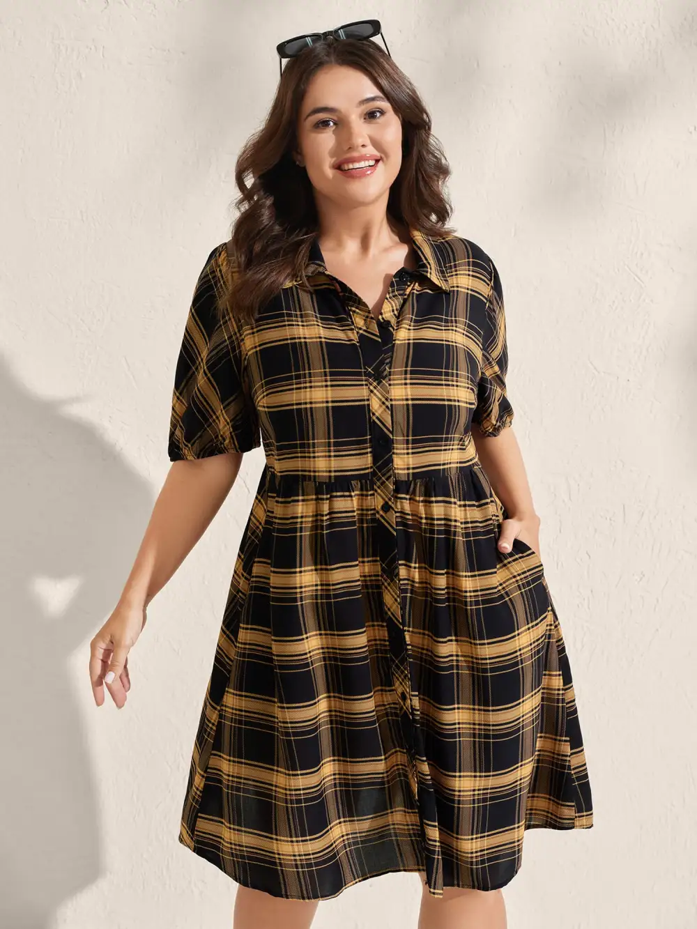 Plaid Print Side Pockets Midi Shirt Dress