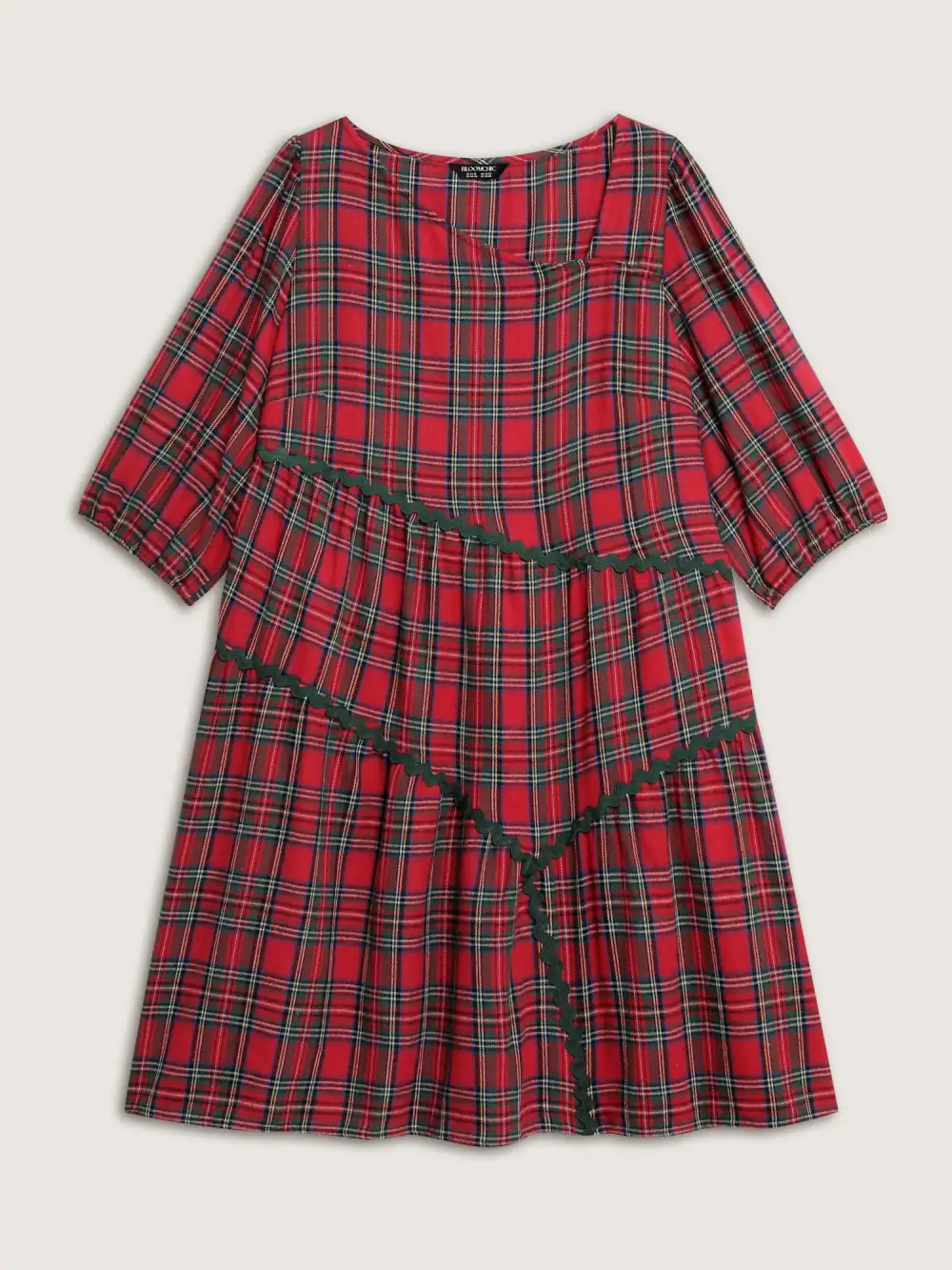 Festive Plaid Wavy Trim Midi Dress