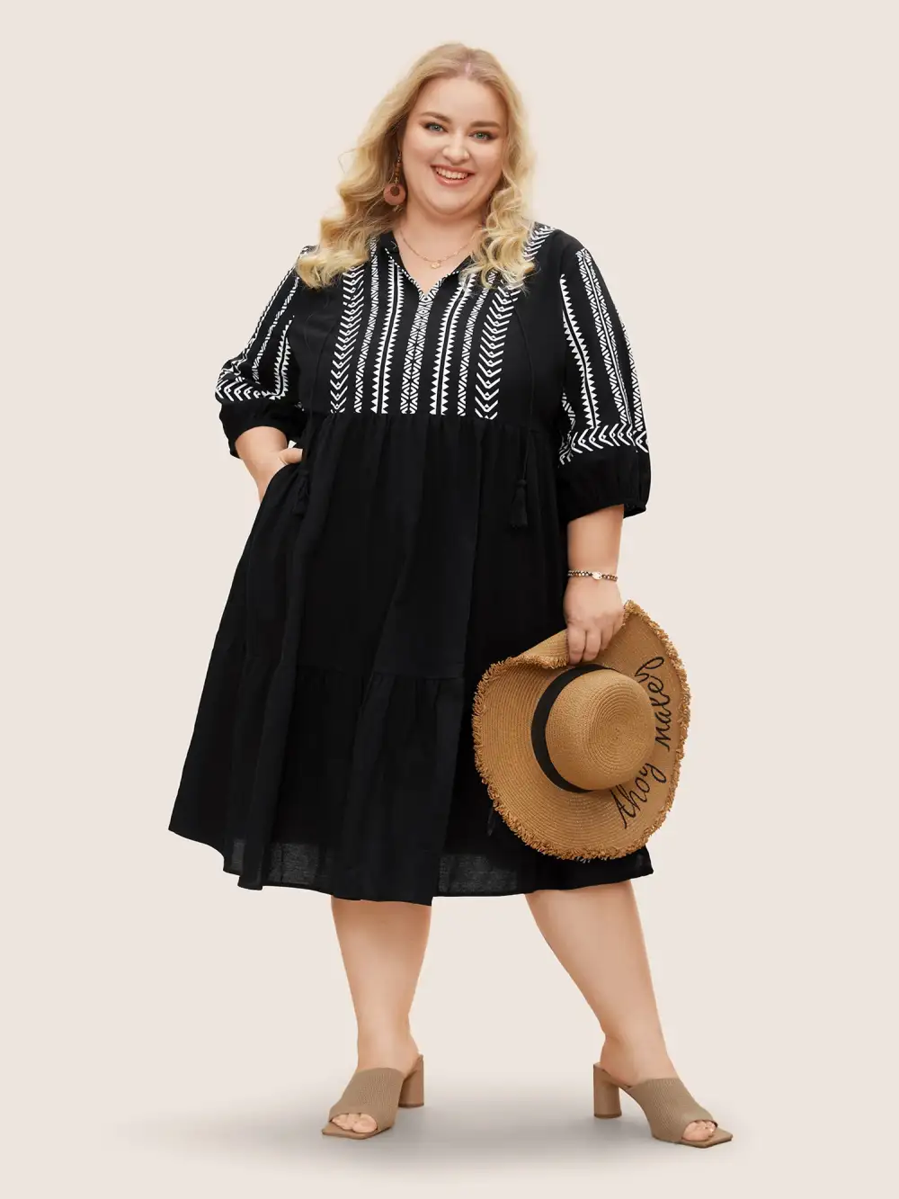 Cotton Geometric Bandana Print Tassel Trim Dress