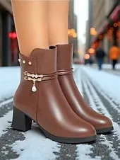Women's Brown Warm Faux Fur Lined Ankle Boots with Heel, Stylish and Comfortable for Winter and Casual Wear.