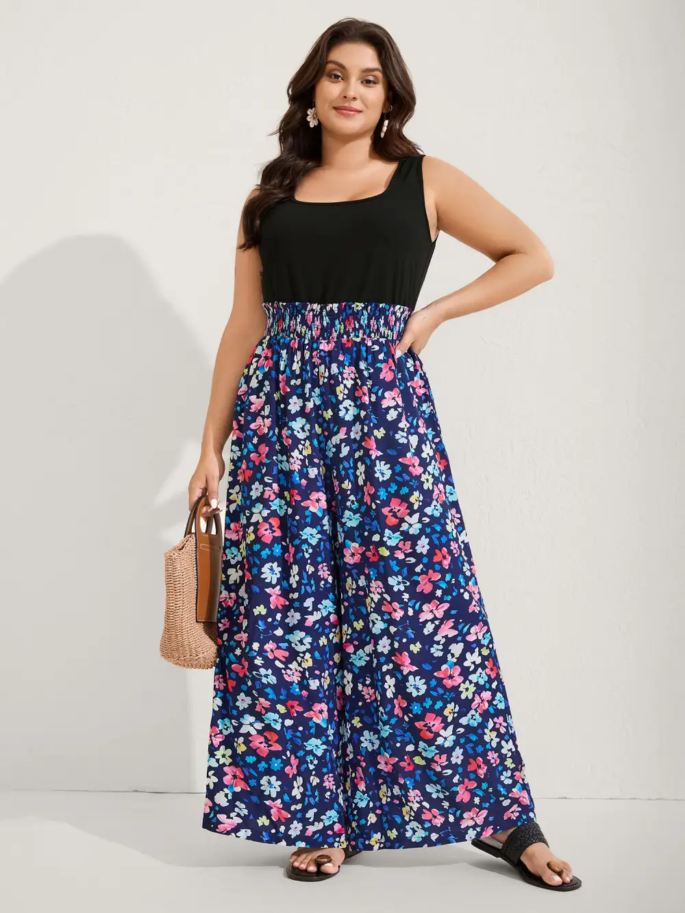 Floral Color Contrast Shirred Jumpsuit