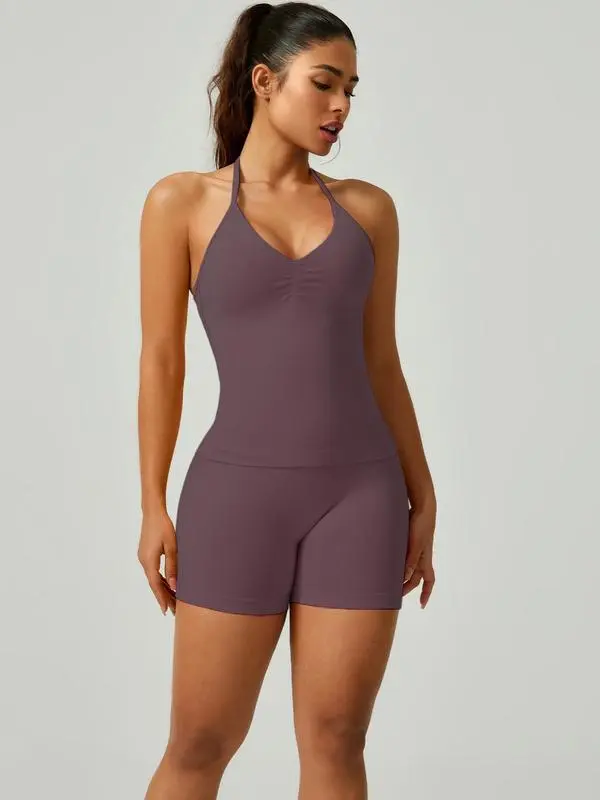 Women's Solid Ruched Design Backless Halter Top & High Waist Shorts Tracksuit Set