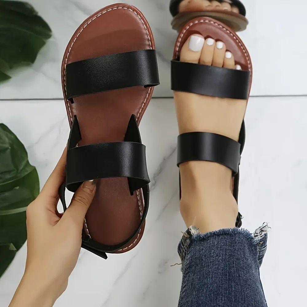 Women's Flat Ankle Strap Sandals, Solid Color Open Toe Non-slip Shoes, Casual Lightweight Beach Shoes