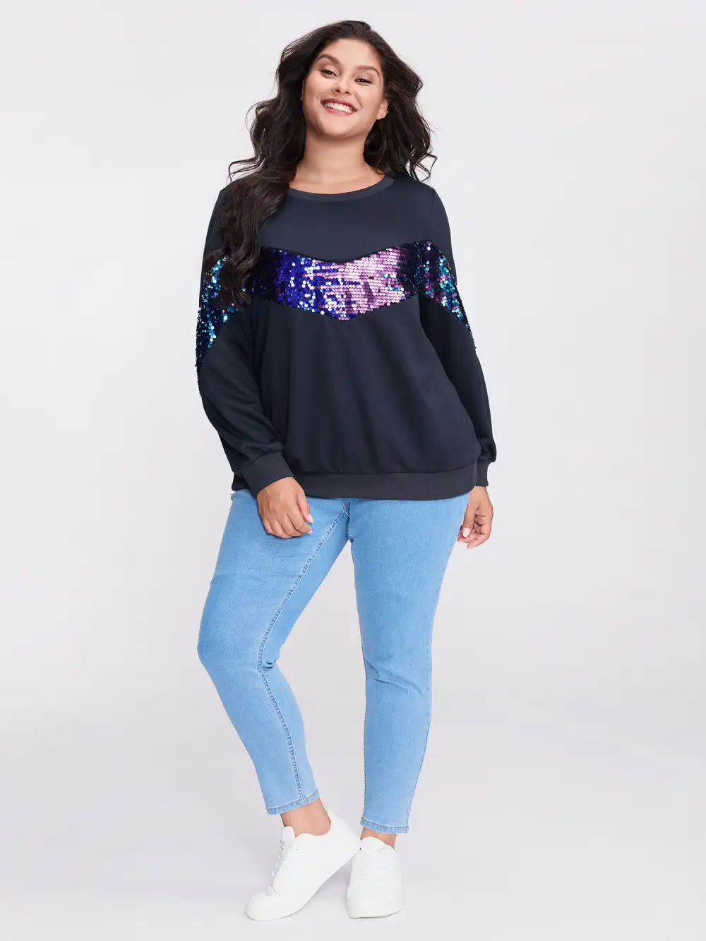 Iridescent Sequin Spliced Round Neck Sweatshirt