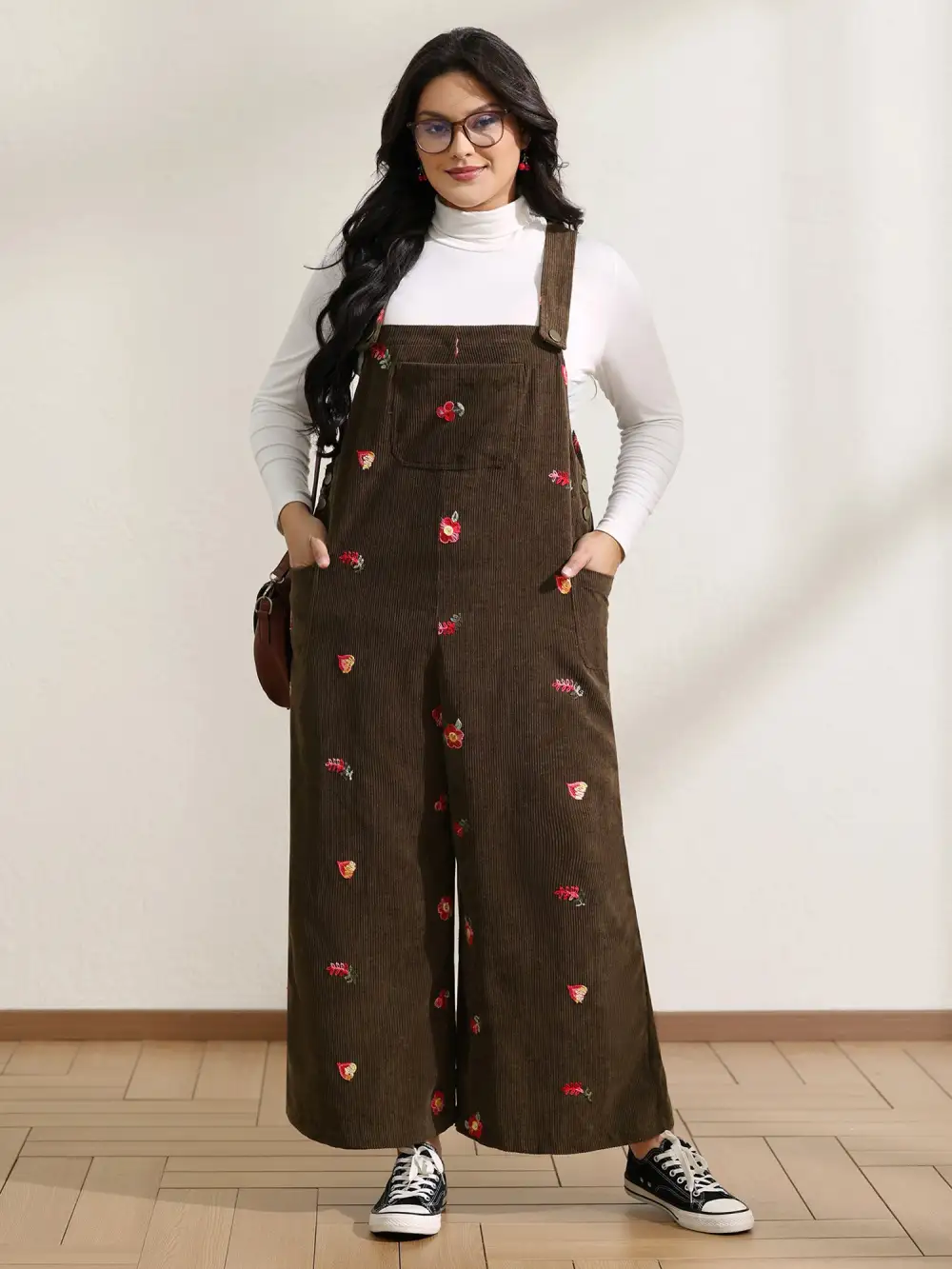 Corduroy Embroidered Patch Pocket Overall Jumpsuit