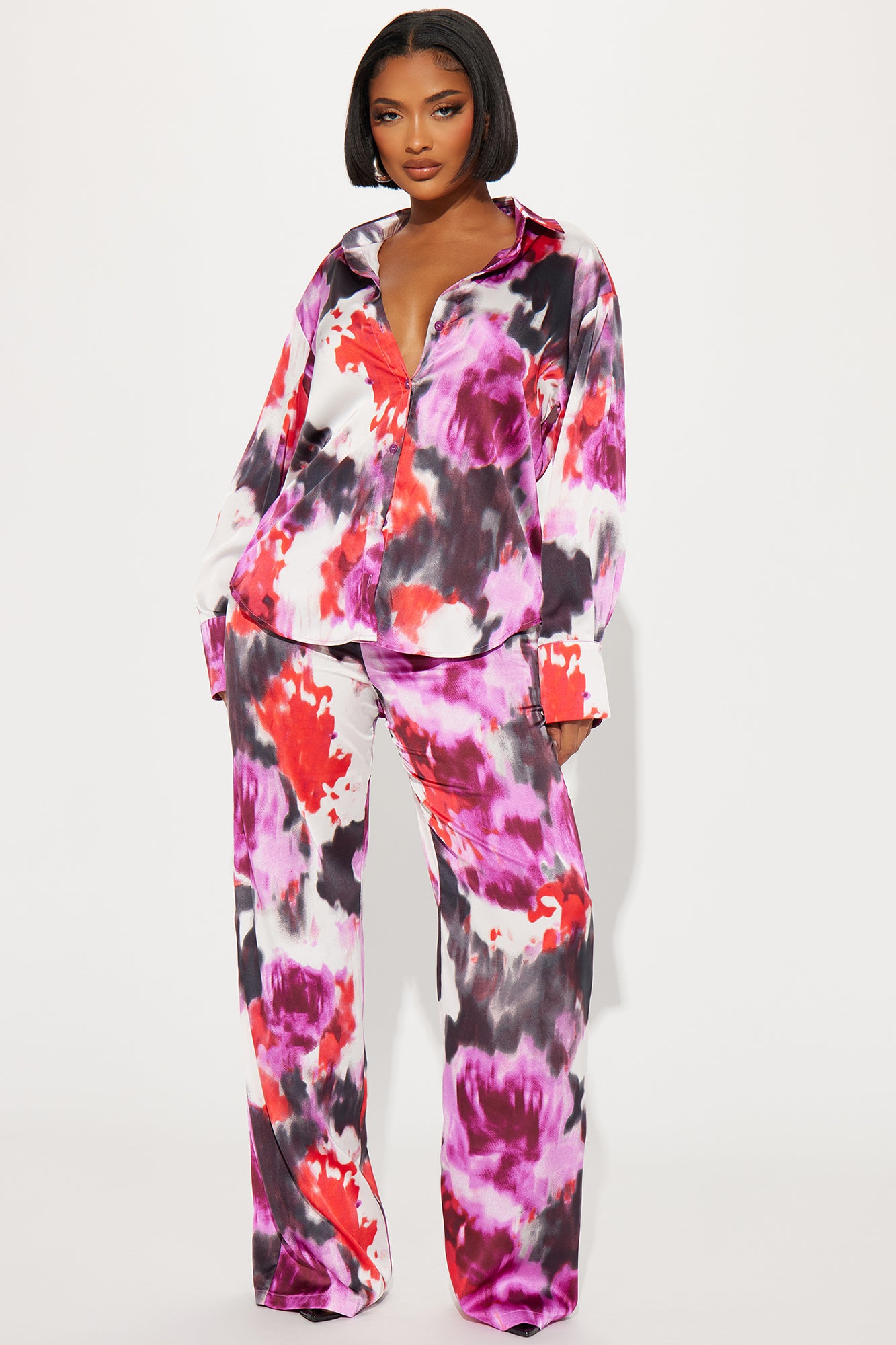 Zoe Satin Pant Set - Burgundy/combo