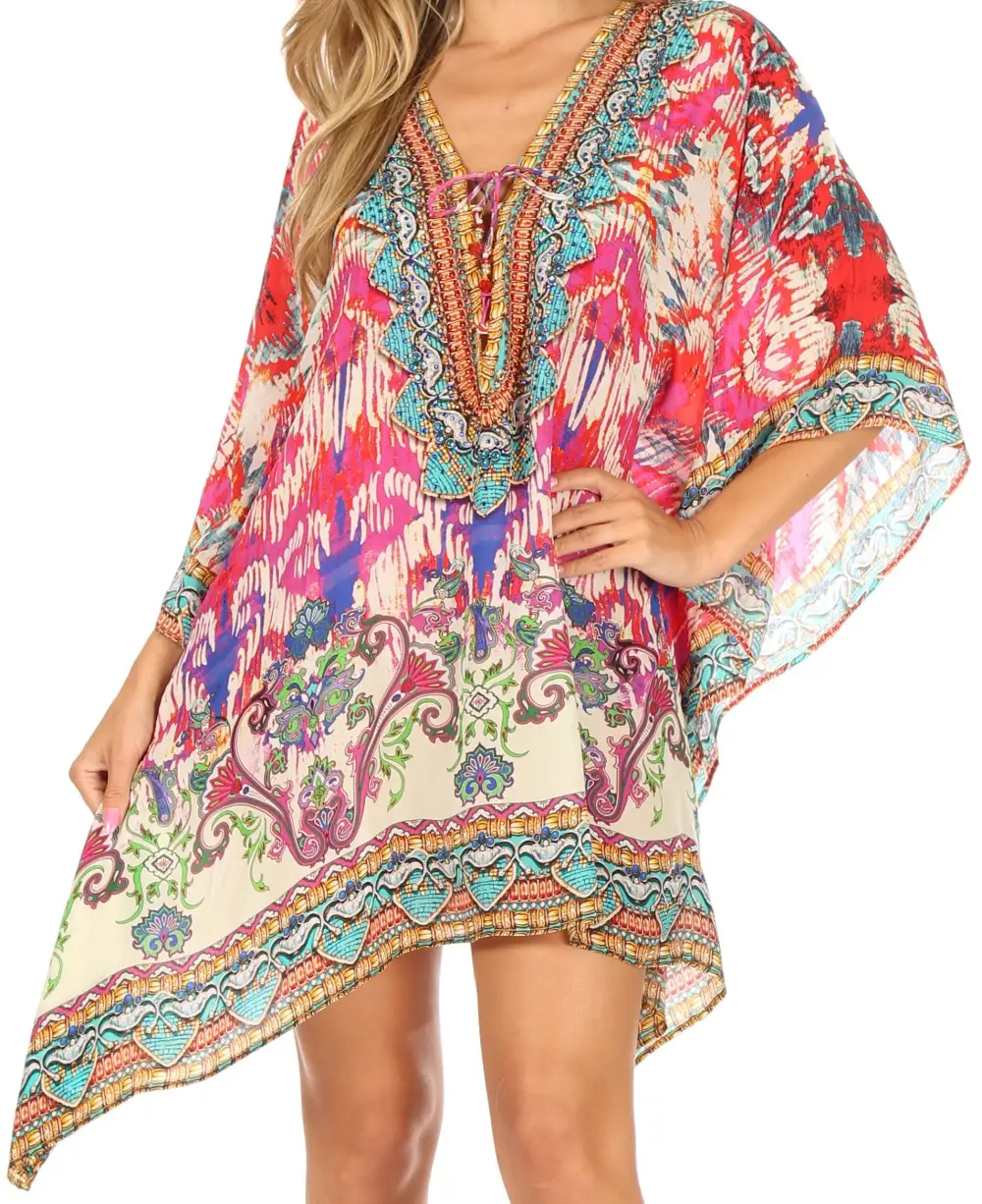 Women's Caftan Poncho Cover up V neck Top Lace up With Rhinestone