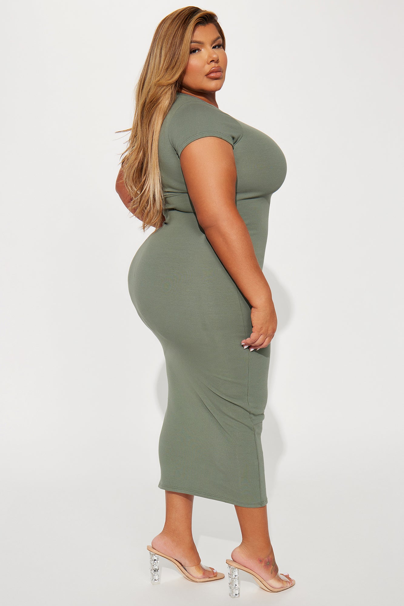 Snatch Me Up Ribbed Midi Dress - Olive