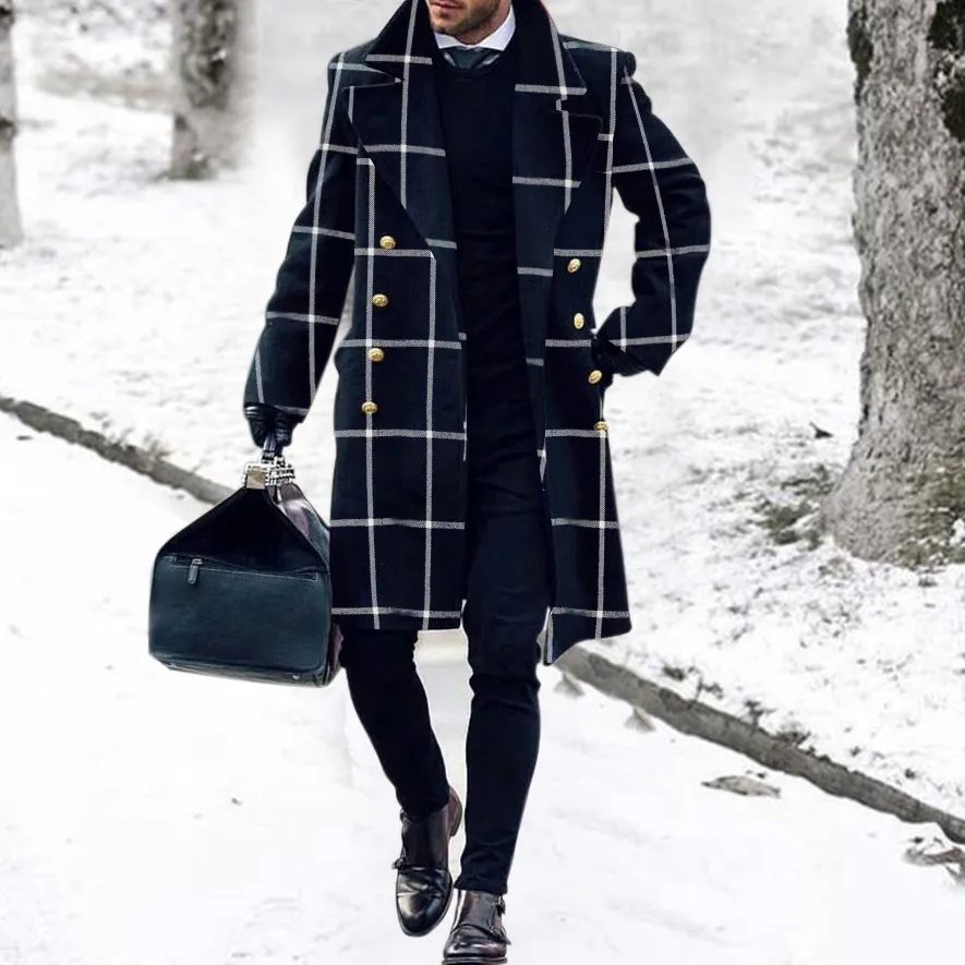 Mens Black Plaid Double-breasted Lapel Coat