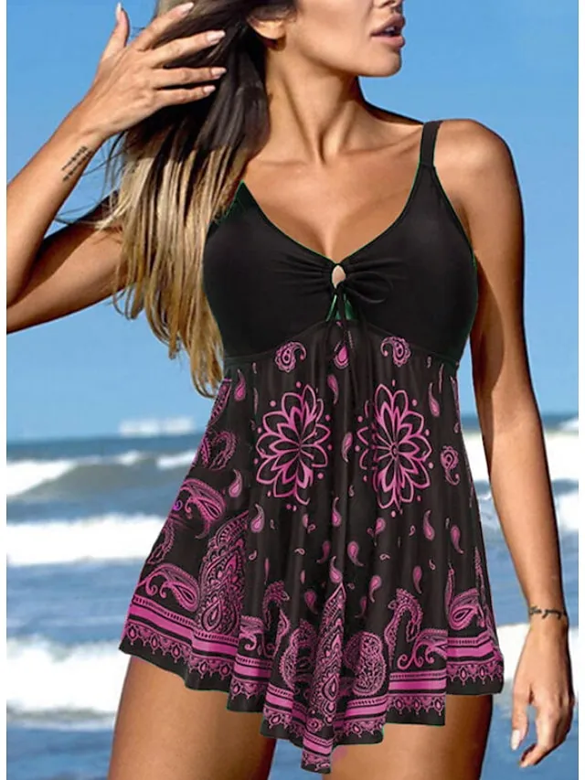 Women's Swimwear Tankini 2 Piece Swim Dress Swimsuit 2 Piece Modest Swimwear Floral Print Strap Vacation Beach Wear Bathing Suits