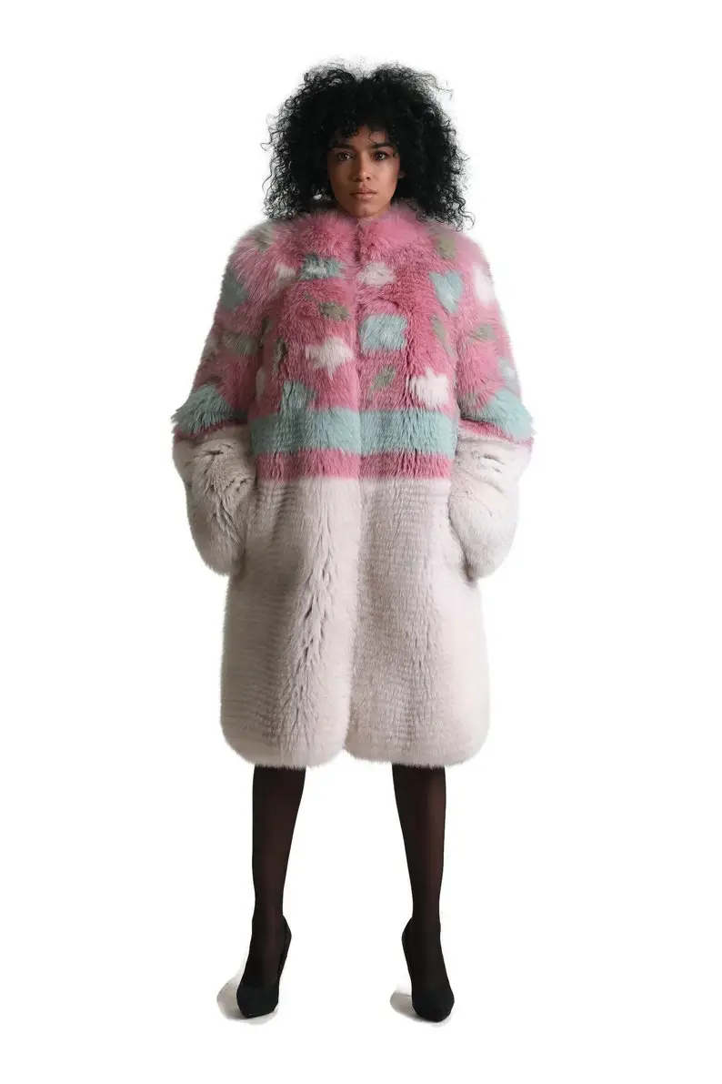 Multicolored Fur Knee Length Jacket