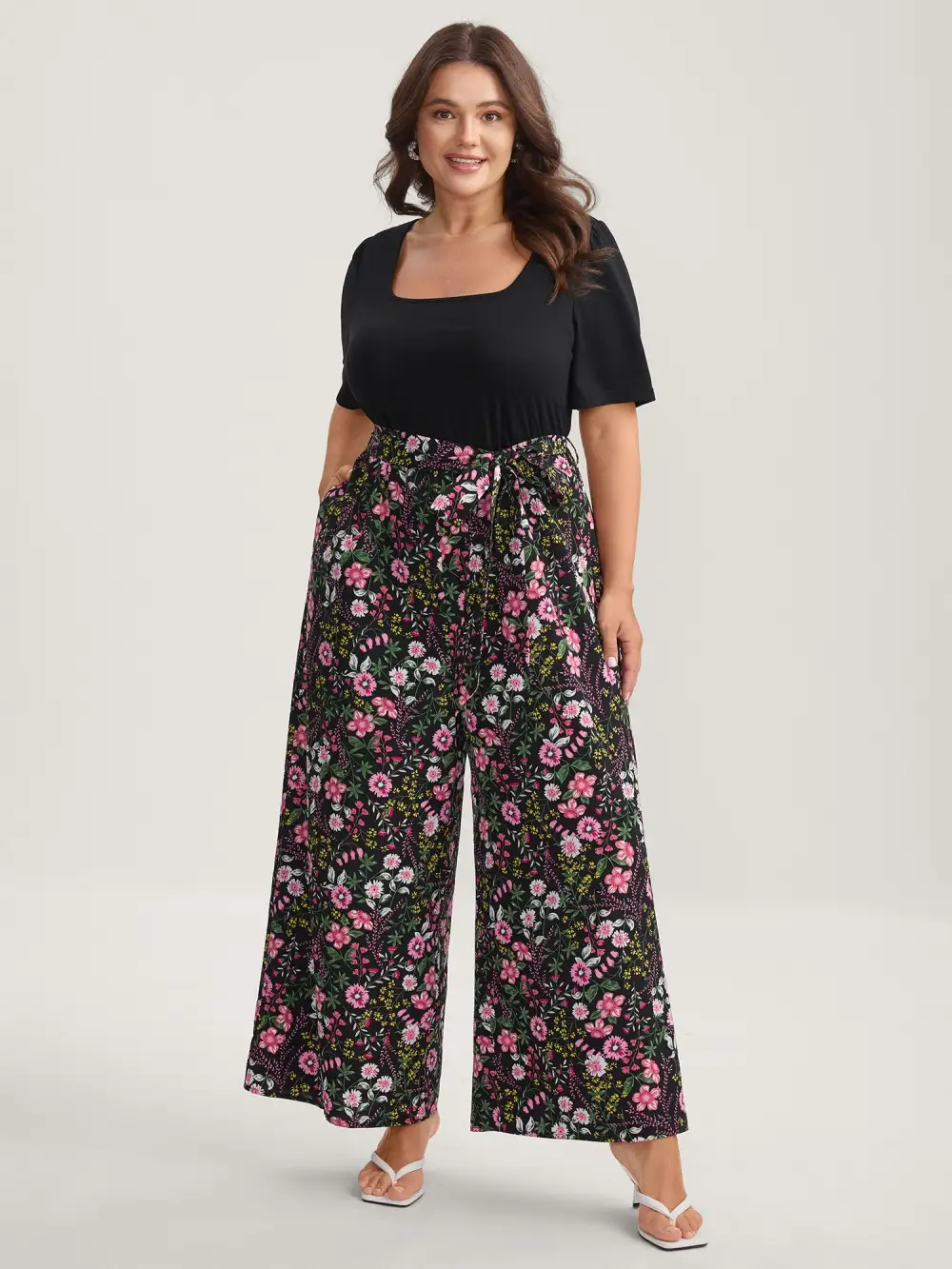 Color Contrast Belted Panel Pockets Jumpsuit