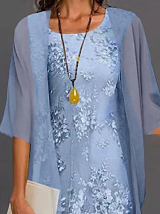 Women's Dress Set Lace Dress Midi Dress Light Blue Green Gray Half Sleeve Floral Embroidered Layered Patchwork Summer Spring Fall Crew Neck Elegant Chinoiserie 2023 M L XL XXL XXXL 4XL 5XL