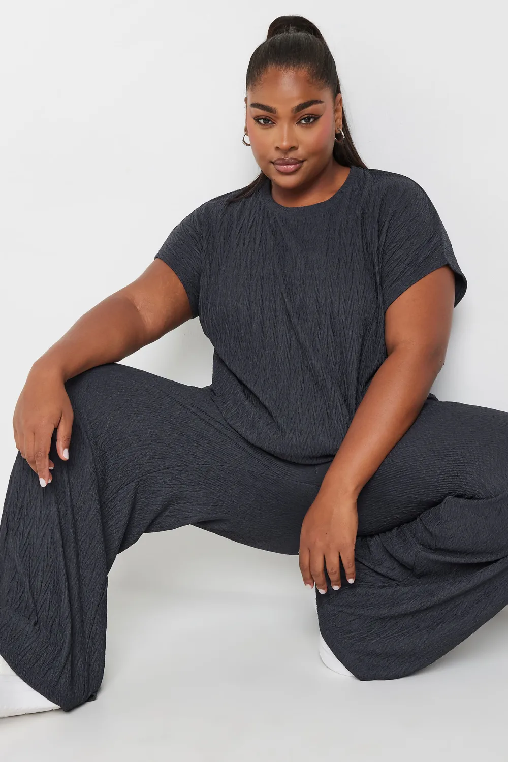 YOURS Curve Pink Crinkle Plisse Wide Leg Trousers