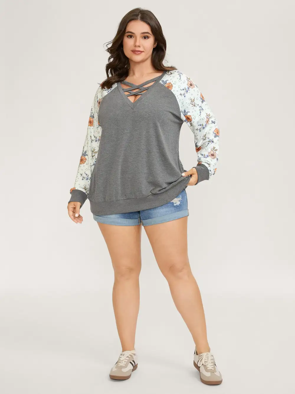 Floral Print Cross-Tie Neck Sweatshirt