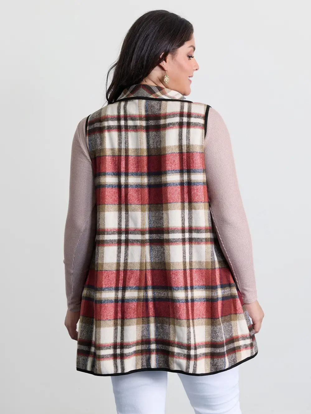 Plaid Curvy Hem Open-Front Vest