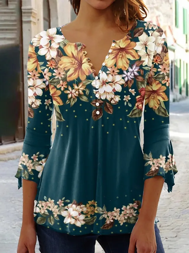 Women's Shirt Blouse Floral Button Print Holiday Basic 3/4 Length Sleeve Round Neck Black