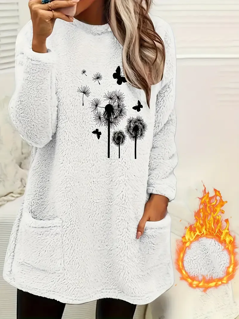 Chic & Cozy Dandelion-Butterfly Print Crew Neck Sweatshirt - Casual, Warm Winter Essential with Pocket