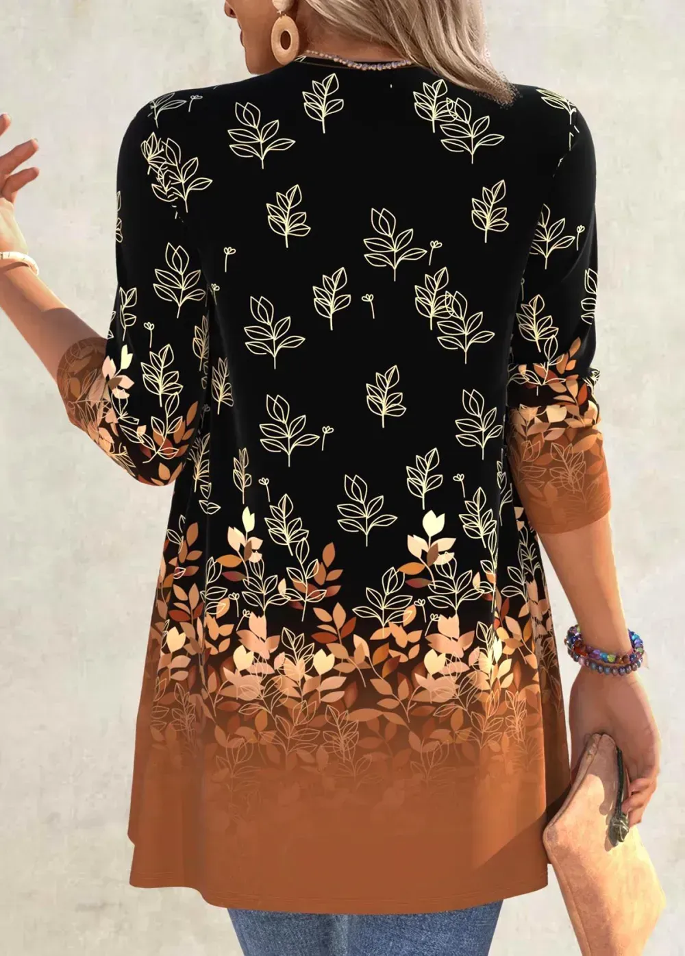 Plus Size Black Handkerchief Hem Leaf Print Light Cardigan