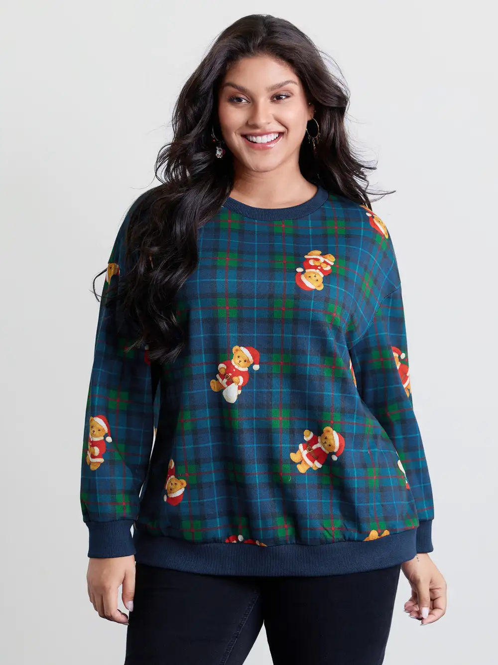 Holiday Bear Plaid Round Neck Sweatshirt