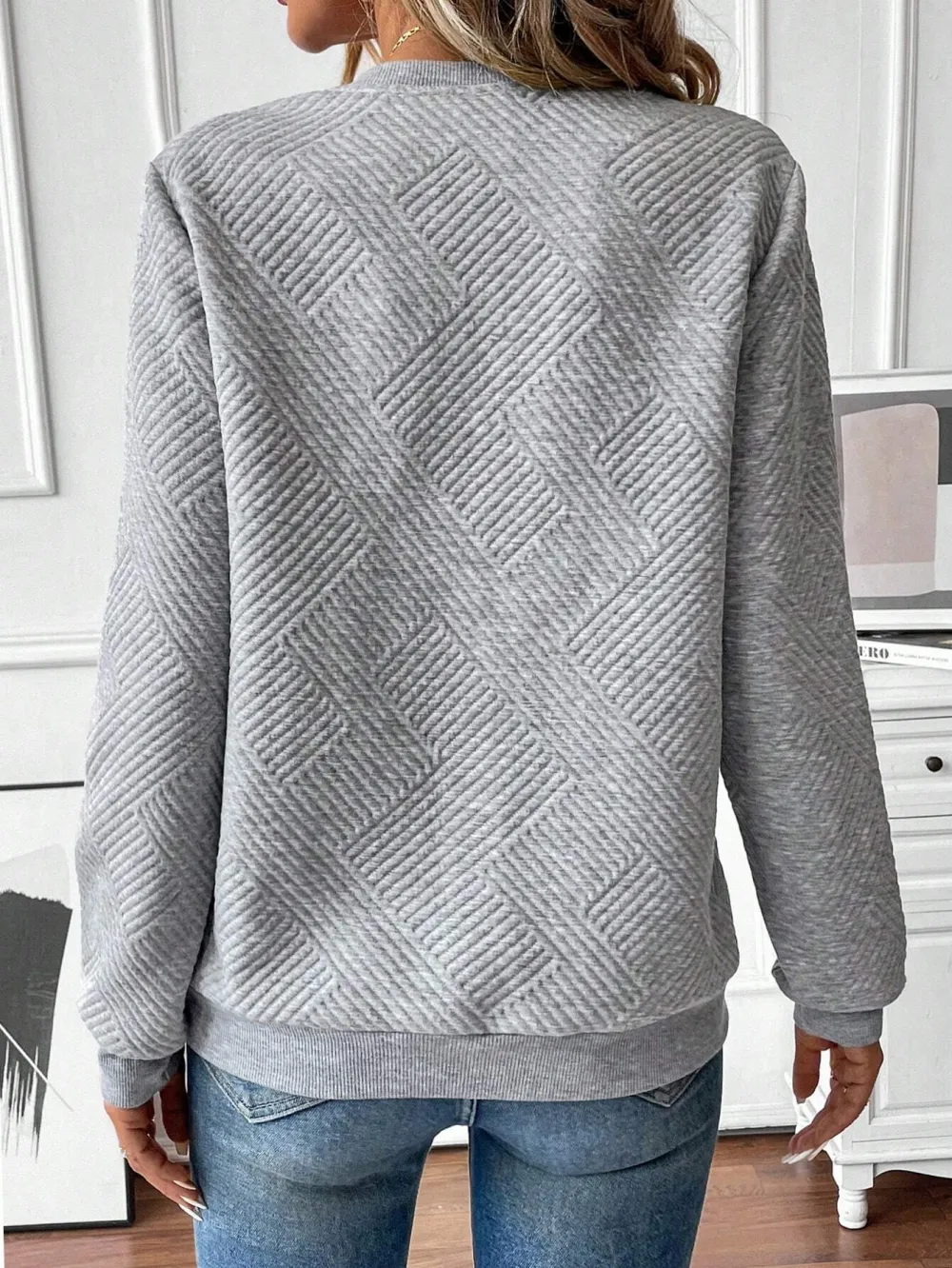 Women's Autumn Sweatshirt, Notched Neckline, Long Sleeve, Regular Shoulder, Ribbed Insert
