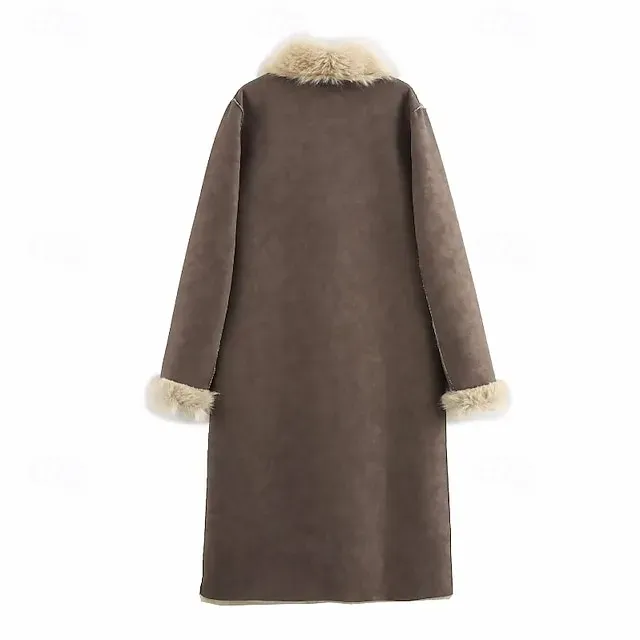 Women's Coat Faux Fur Coat Warm Comfortable Pocket Buttons Casual Plain Vacation Street Casual Going out Long Turndown Regular Fit Long Sleeve Outerwear Brown Fall Winter