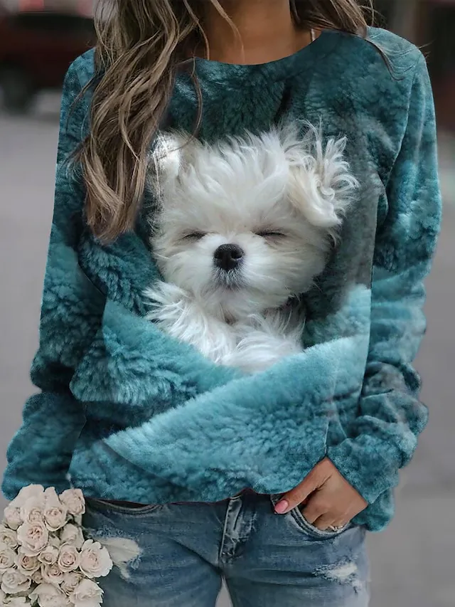 Women's Sweatshirt Pullover Spring 3D Print Basic Blue Dog Street Round Neck Plus Size Long Sleeve