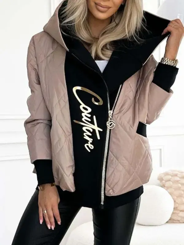 Women's Hooded Zipper Stitching Contrast Color Letter Print Casual Coat