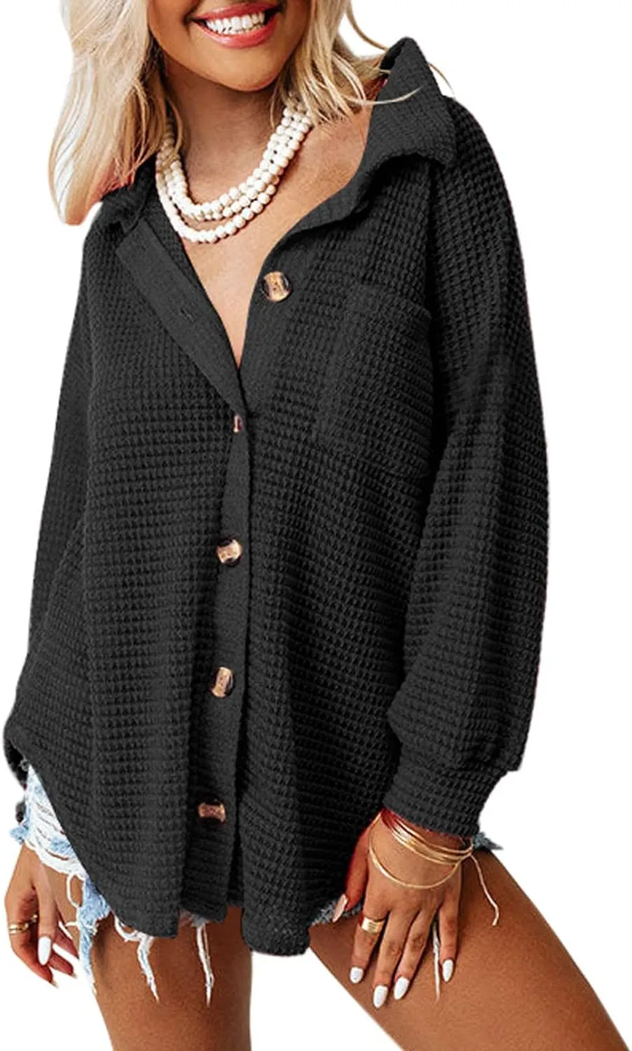Womens Waffle Knit Button Down Shirts Casual Long Sleeve Shacket Jacket Boyfriend Tops Blouses Loose Fit