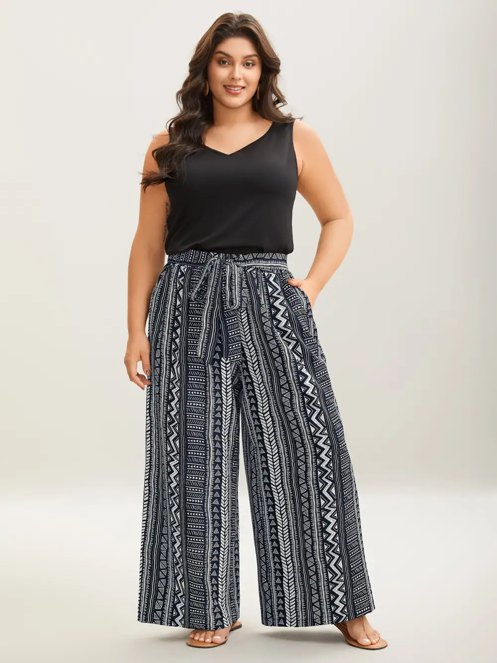 Waist-Tie Wide-Leg Boho Print Pants